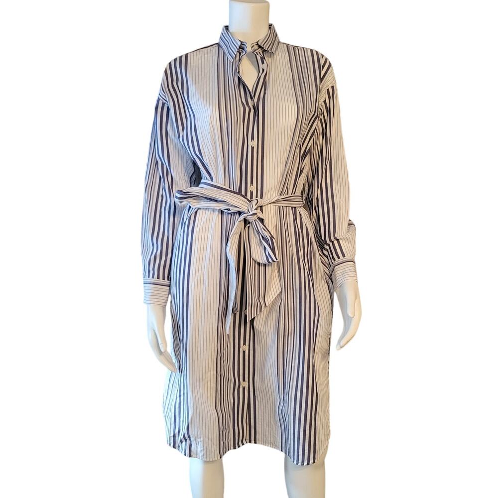 Blue Long Sleeved Striped Shirt Dress Belt Tie Pockets Womens Size Medium Uniqlo